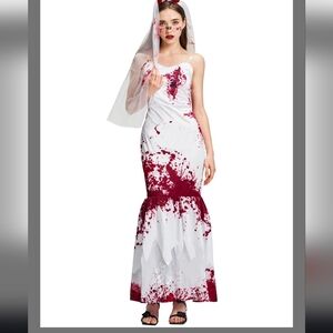 Zombie Bride Fishtail Blood Splattered Dress With Veil NWT